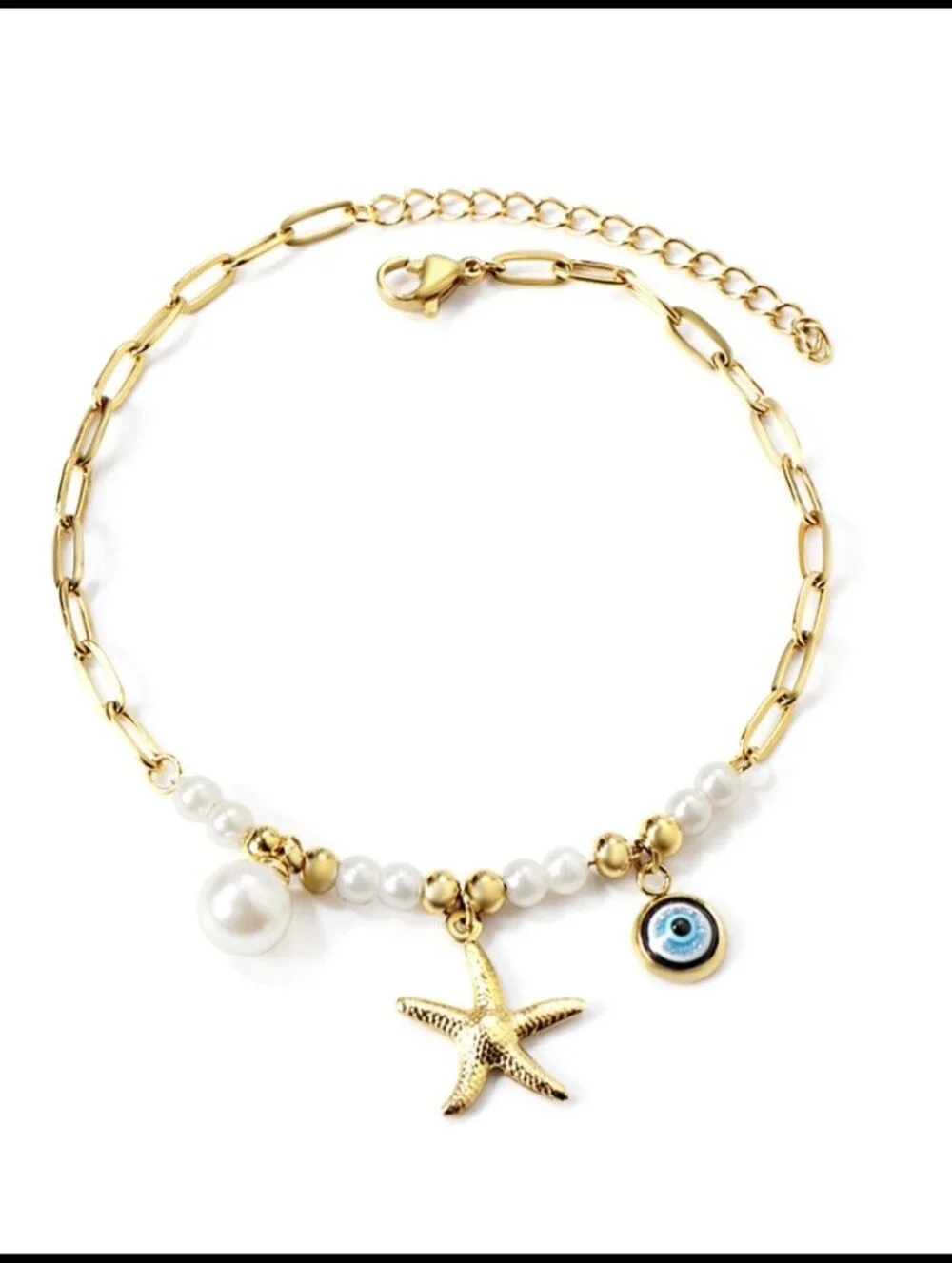 Gold Pearl Starfish Charm Anklet with Blue Evil Eye - Women Jewelry